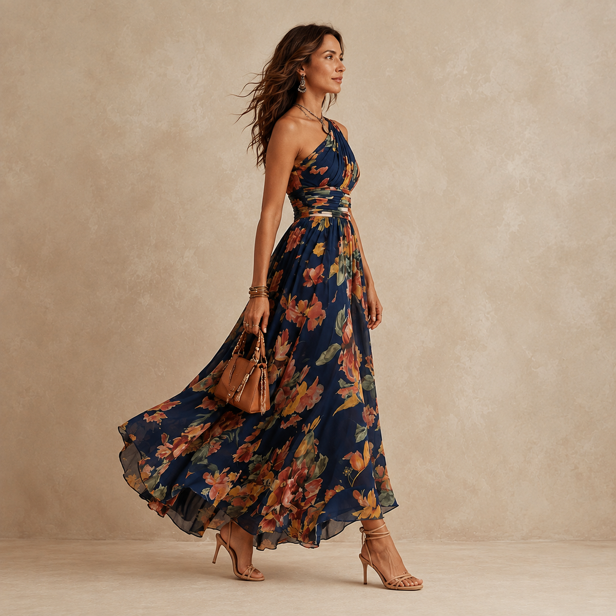 Celeste | Vestido largo floral de un hombro