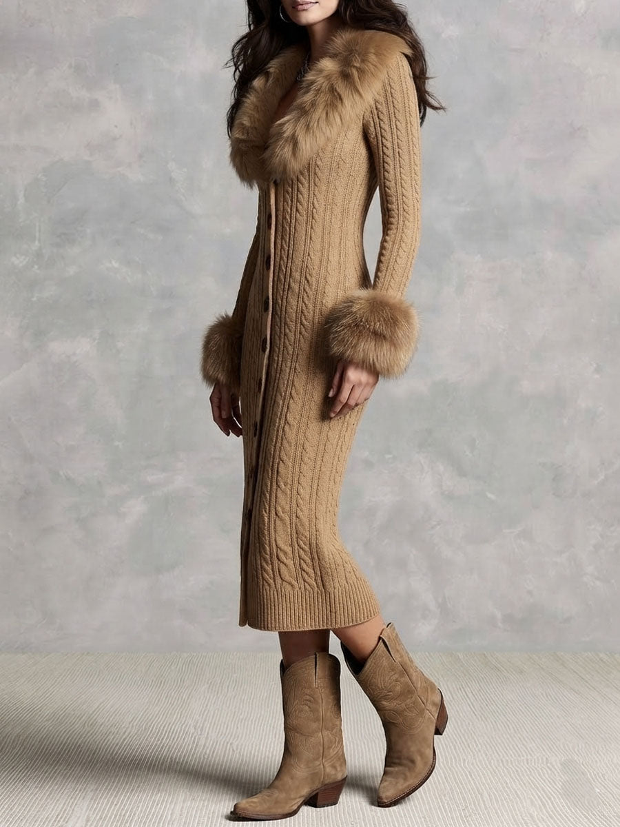 Vestido midi de punto camel con cuello y puños de pelo sintético