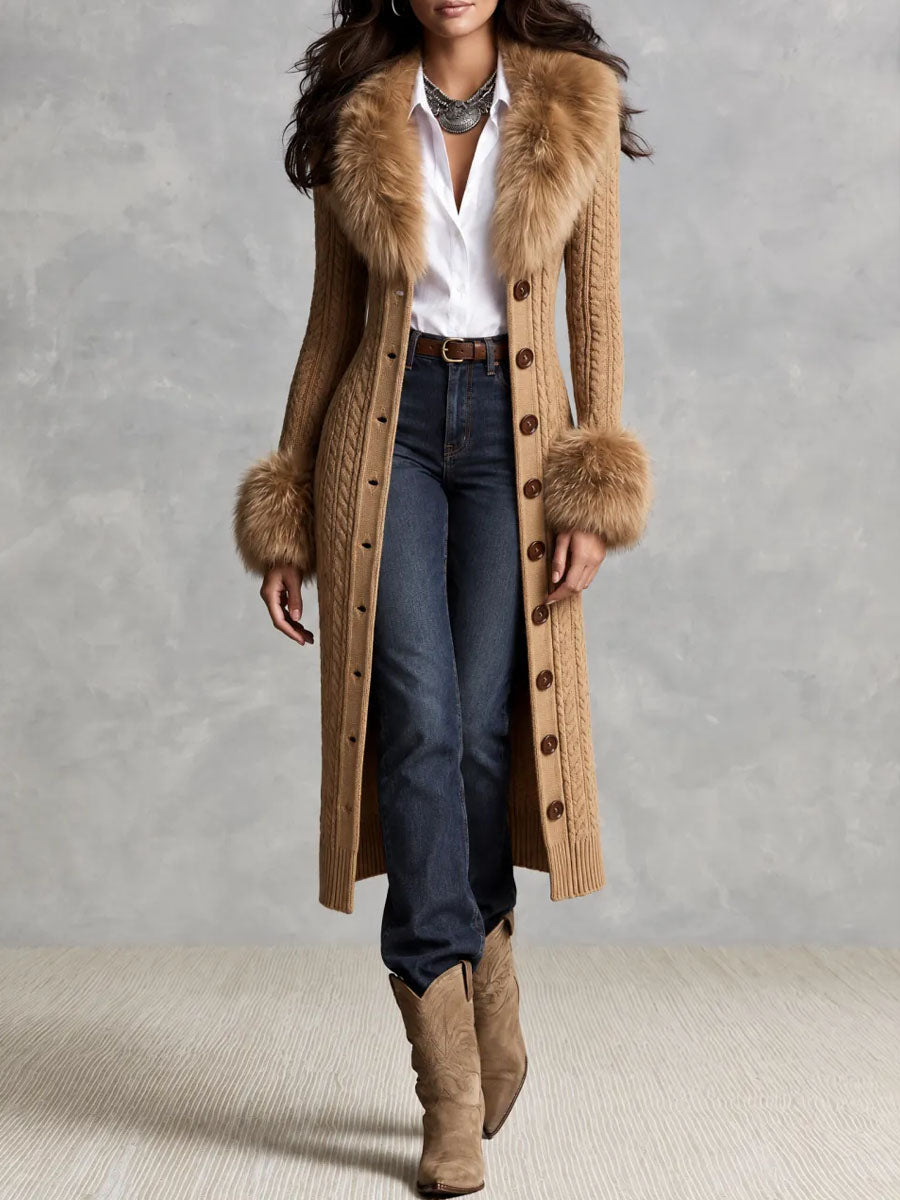 Vestido midi de punto camel con cuello y puños de pelo sintético