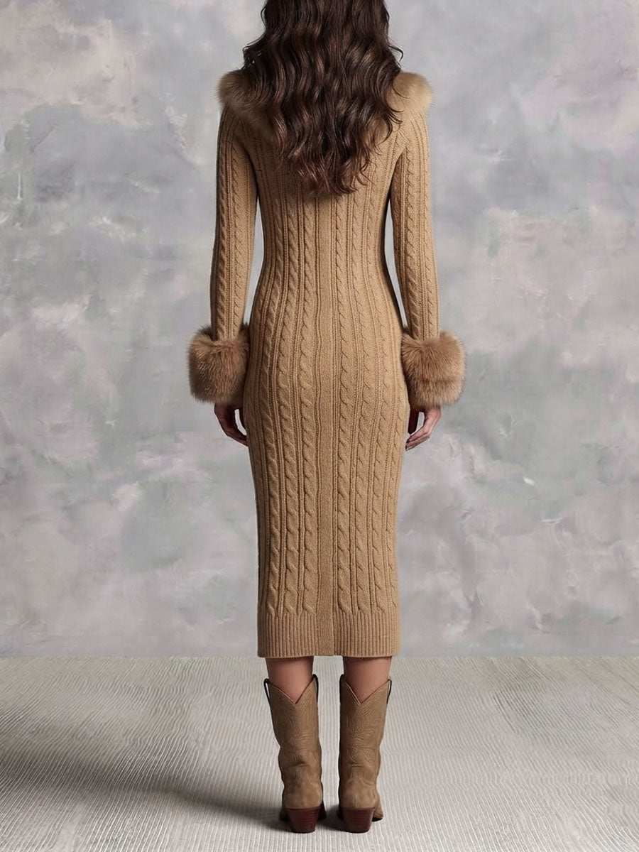 Vestido midi de punto camel con cuello y puños de pelo sintético