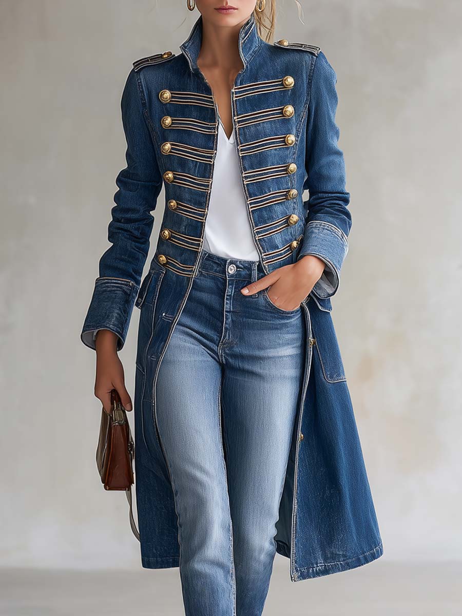 Abrigo vaquero largo entallado estilo militar con botones dorados para mujer