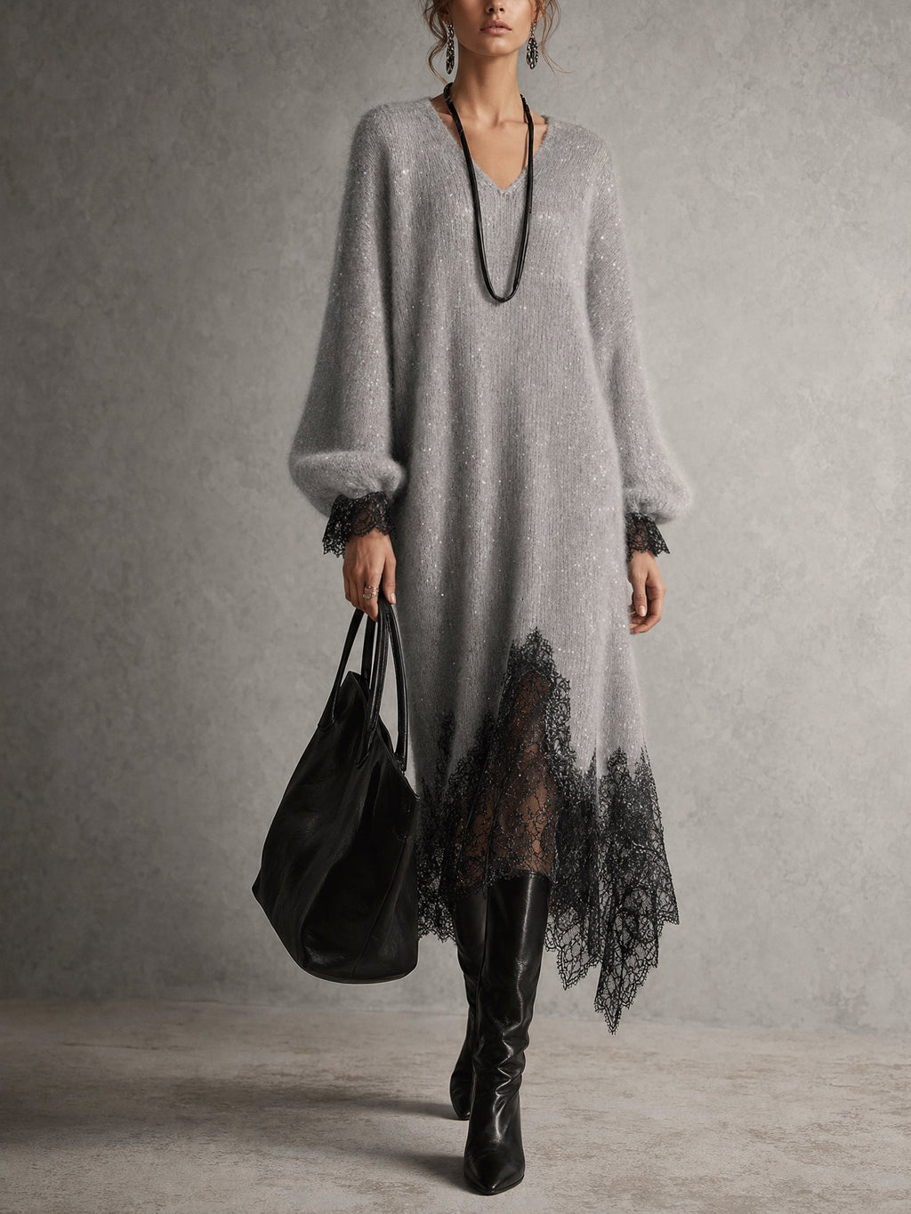 Vestido midi gris de punto brillante con bajo de encaje