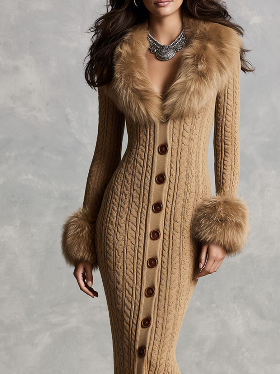 Vestido midi de punto camel con cuello y puños de pelo sintético
