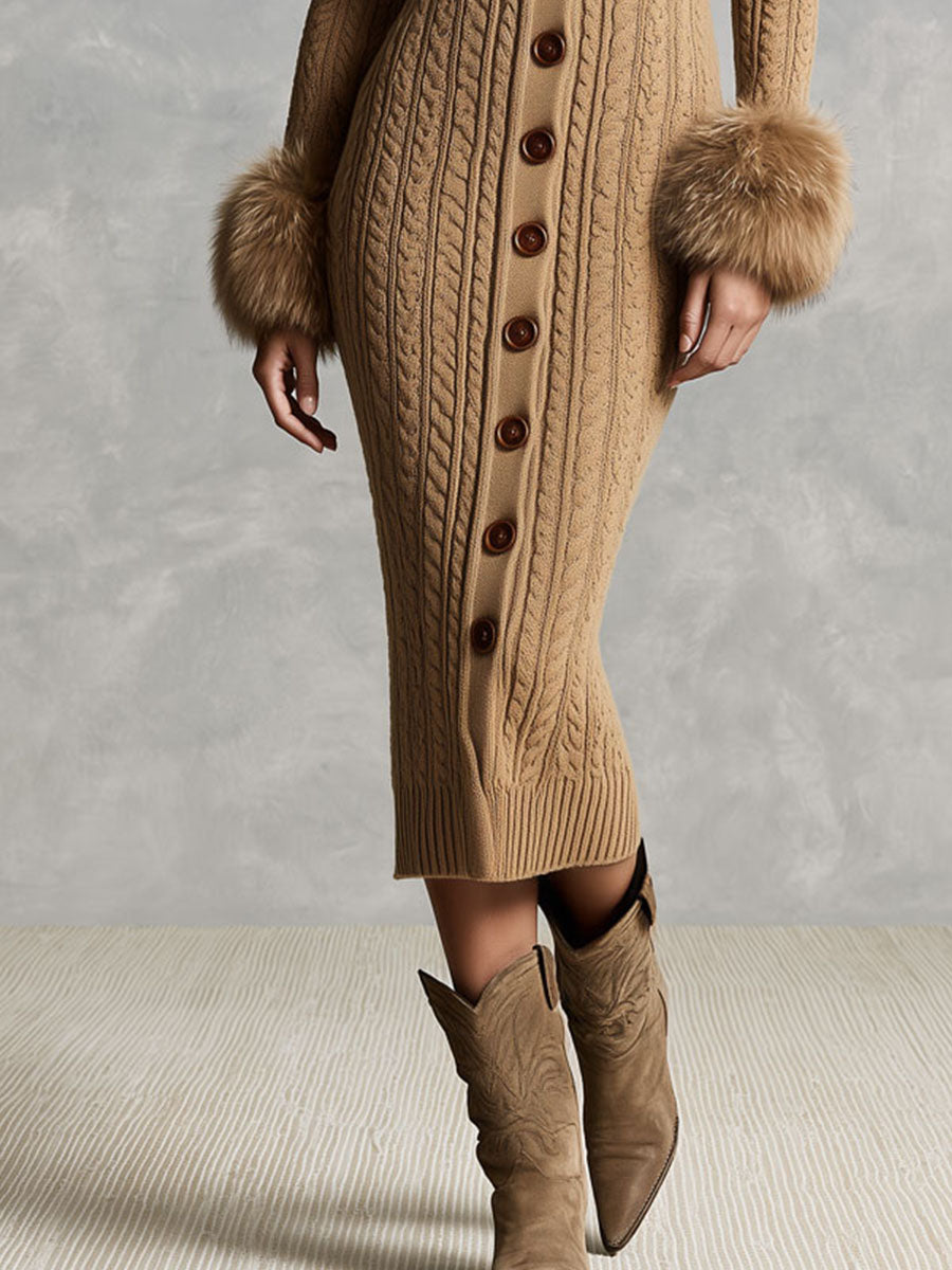 Vestido midi de punto camel con cuello y puños de pelo sintético