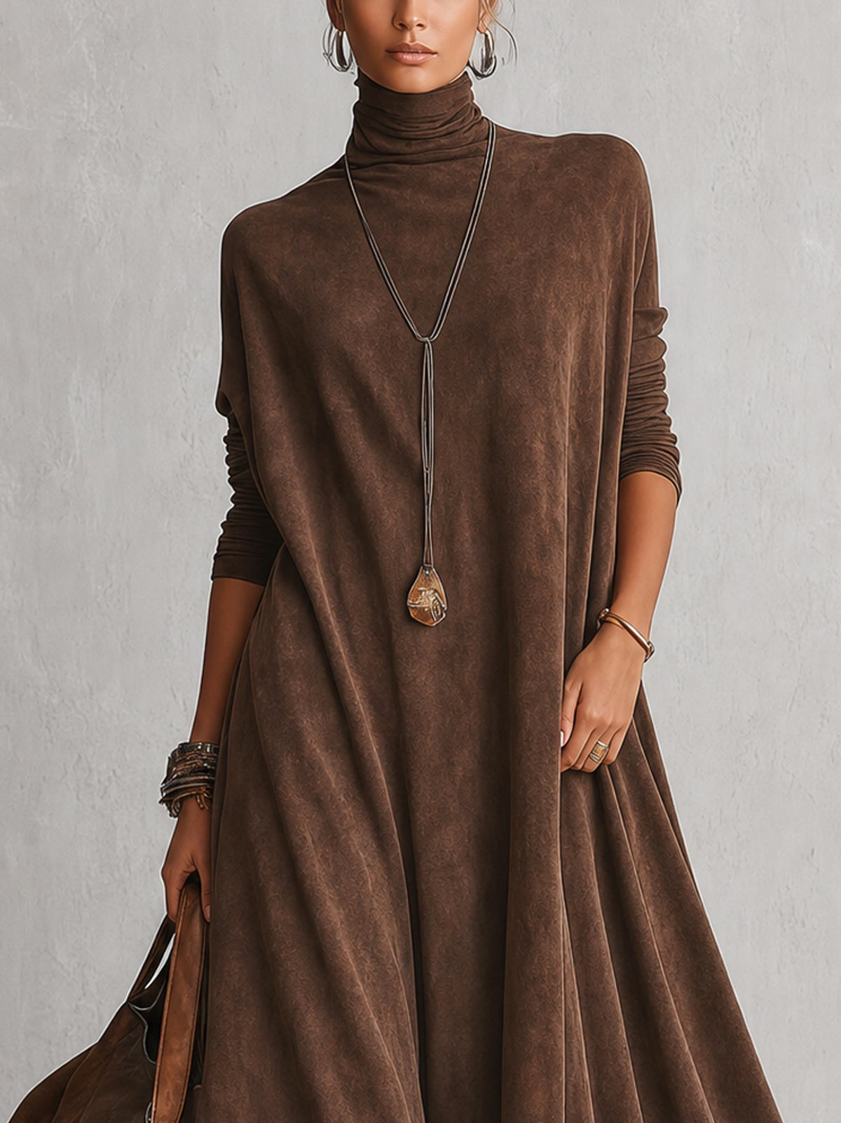 Vestido largo vintage marrón de efecto ante con mangas largas y bajo de encaje