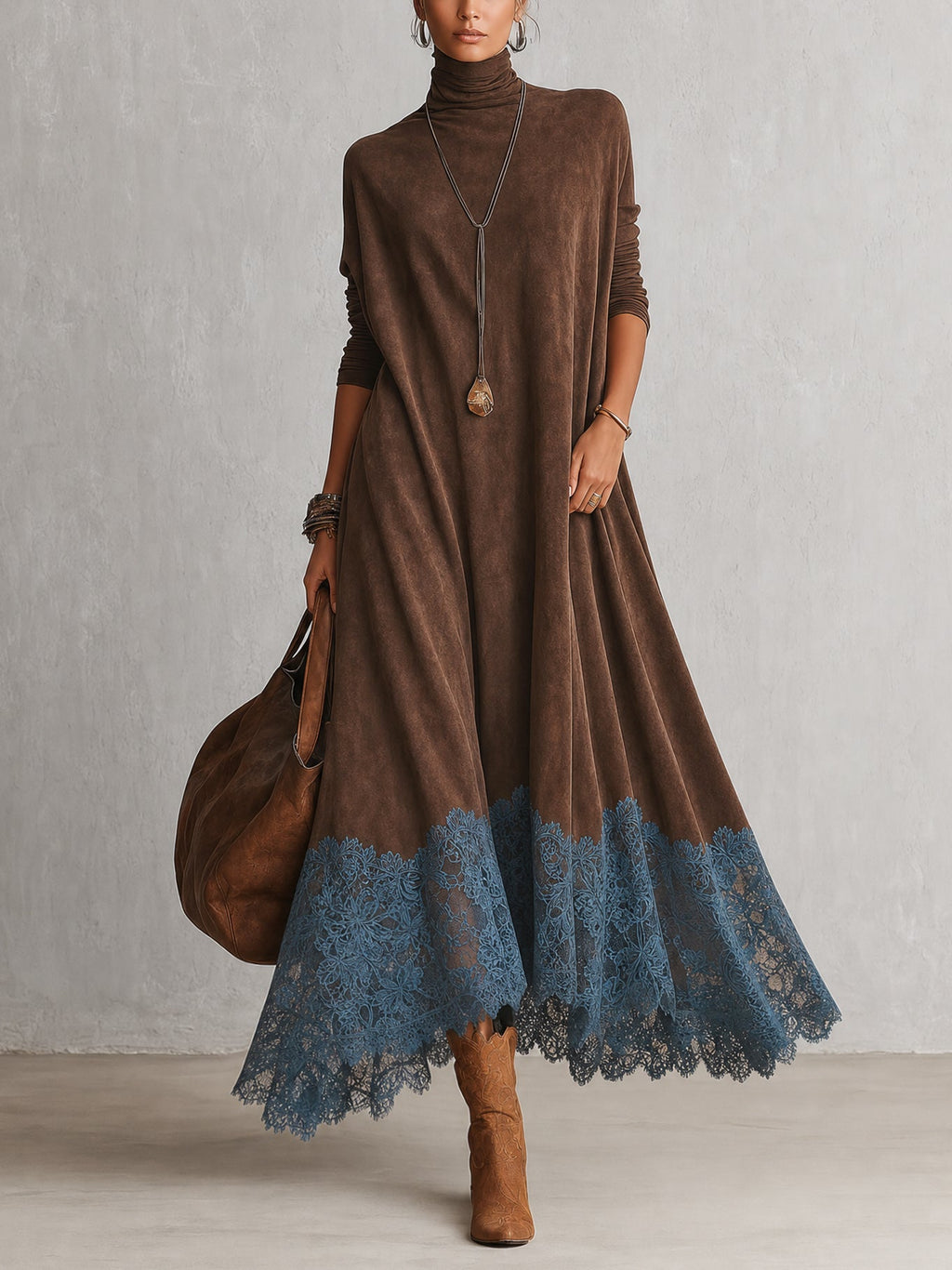 Vestido largo vintage marrón de efecto ante con mangas largas y bajo de encaje