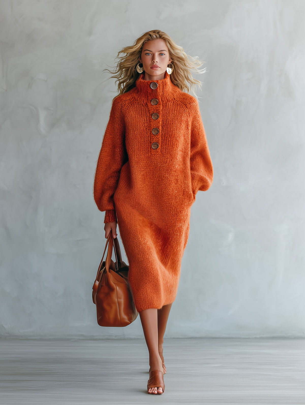 Vestido midi naranja de punto efecto mohair con cuello alto y botones de estilo retro