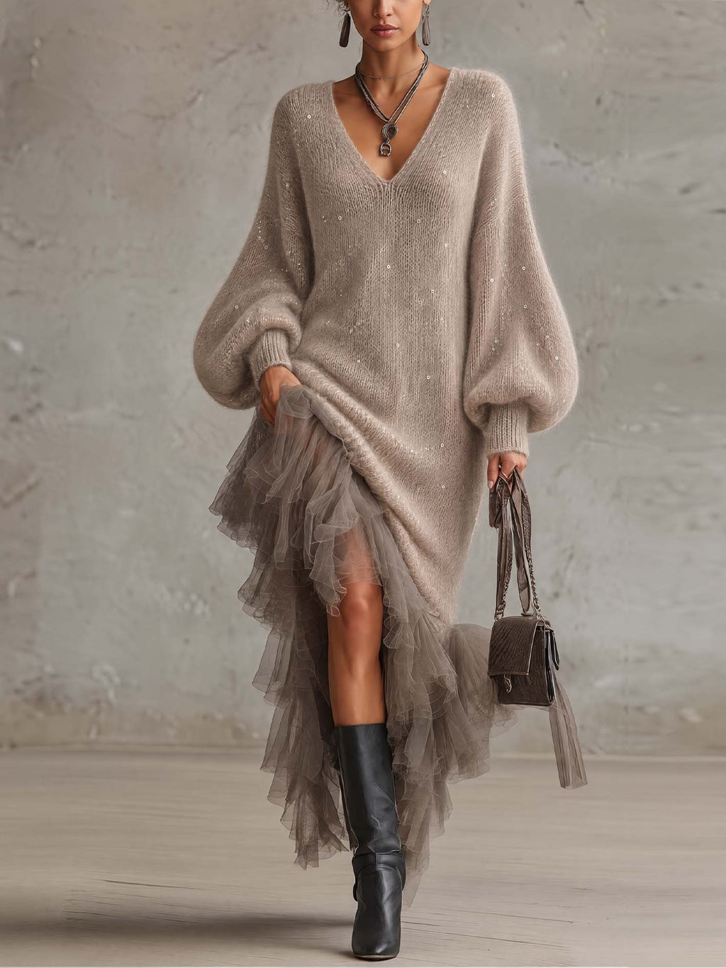 Vestido midi de punto de mohair y falda de tul transparente