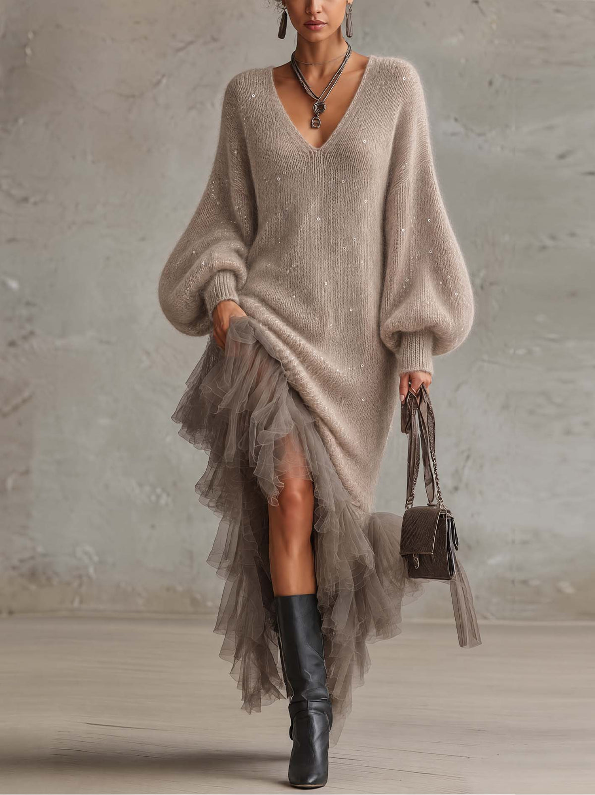 Vestido midi de punto de mohair y falda de tul transparente