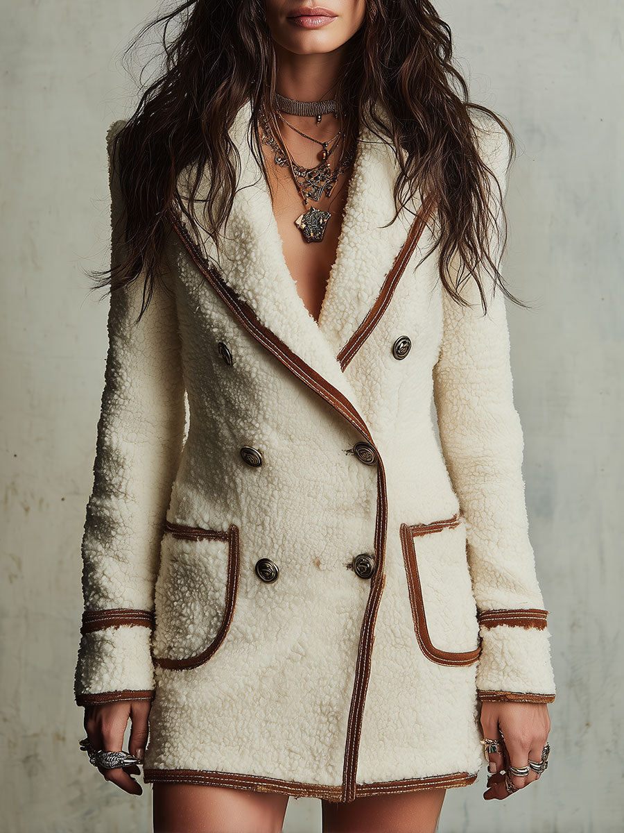 Boho Cream Sherpa Double-Breasted Coat with Brown Contrast Piping