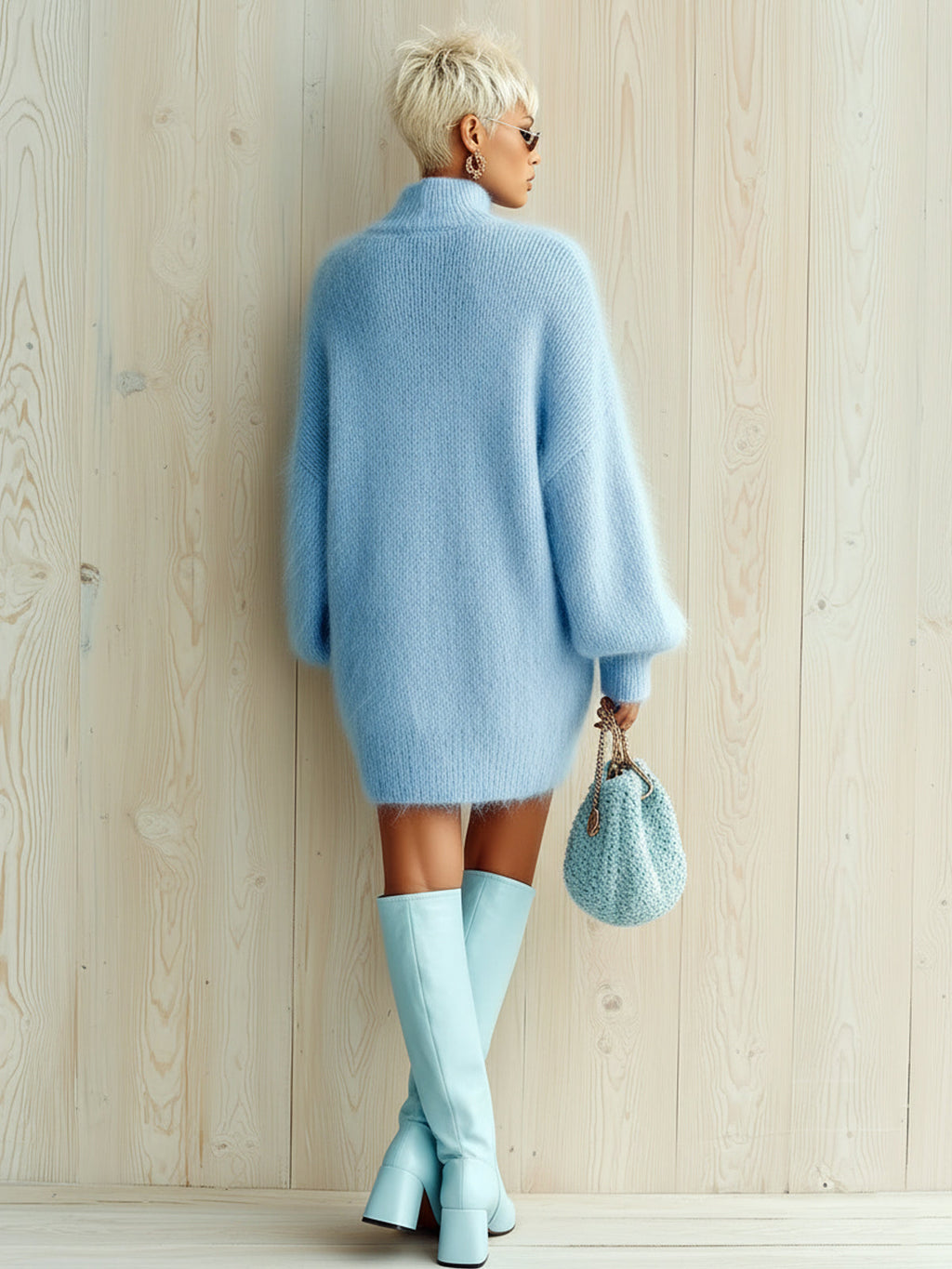 Vestido mini de punto de mohair azul cielo con cuello alto