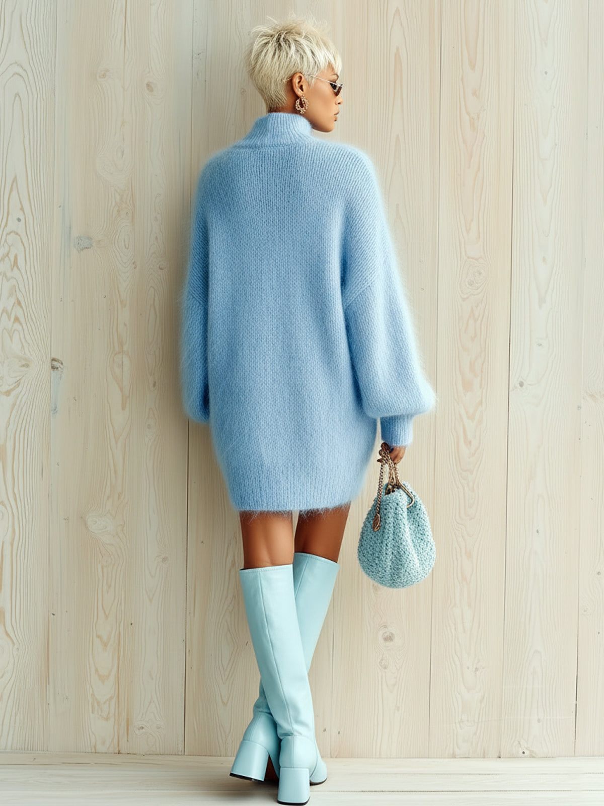 Vestido mini de punto de mohair azul cielo con cuello alto