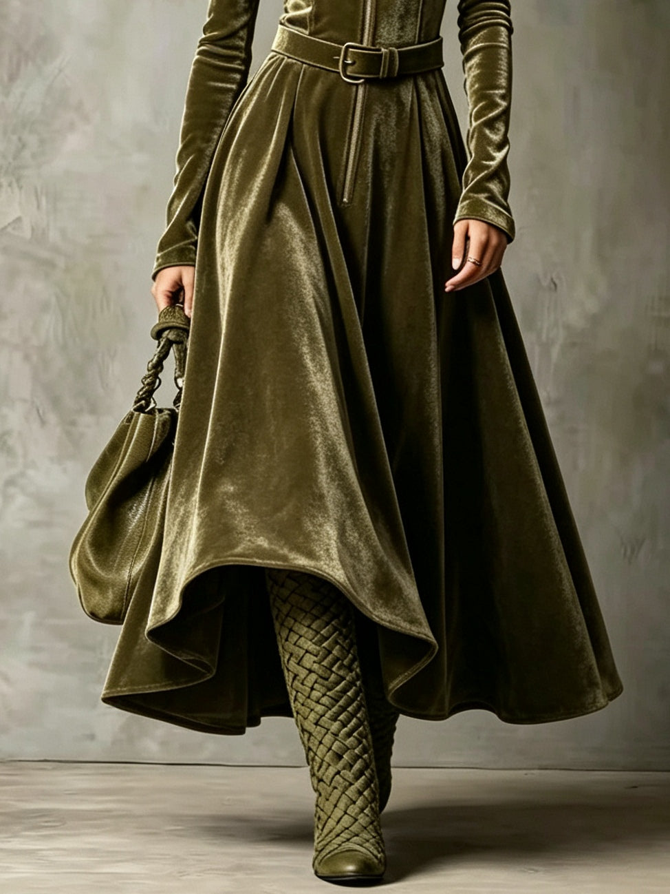 Raffaella | Vestido largo de terciopelo verde oliva con cremallera de estilo vintage (cinturón incluido)