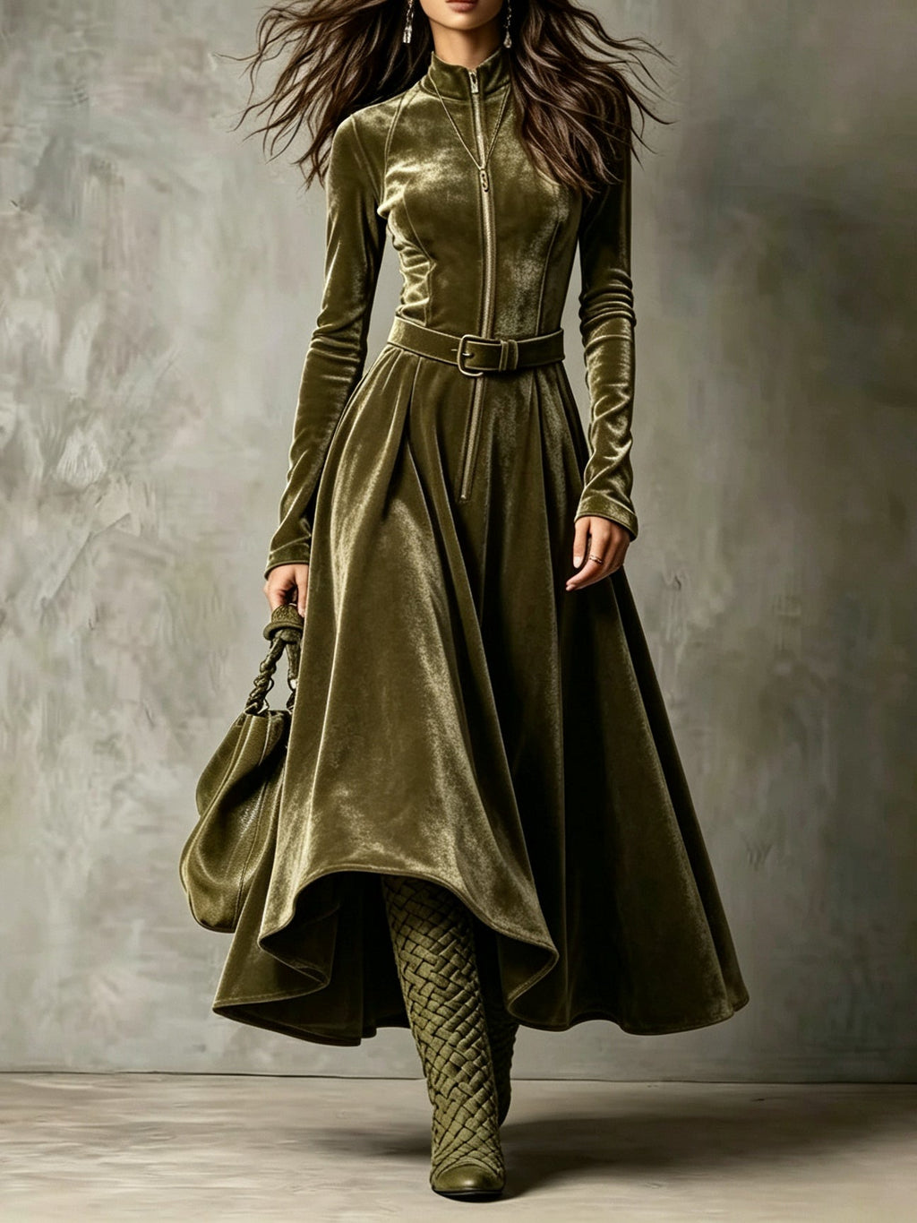 Raffaella | Vestido largo de terciopelo verde oliva con cremallera de estilo vintage (cinturón incluido)