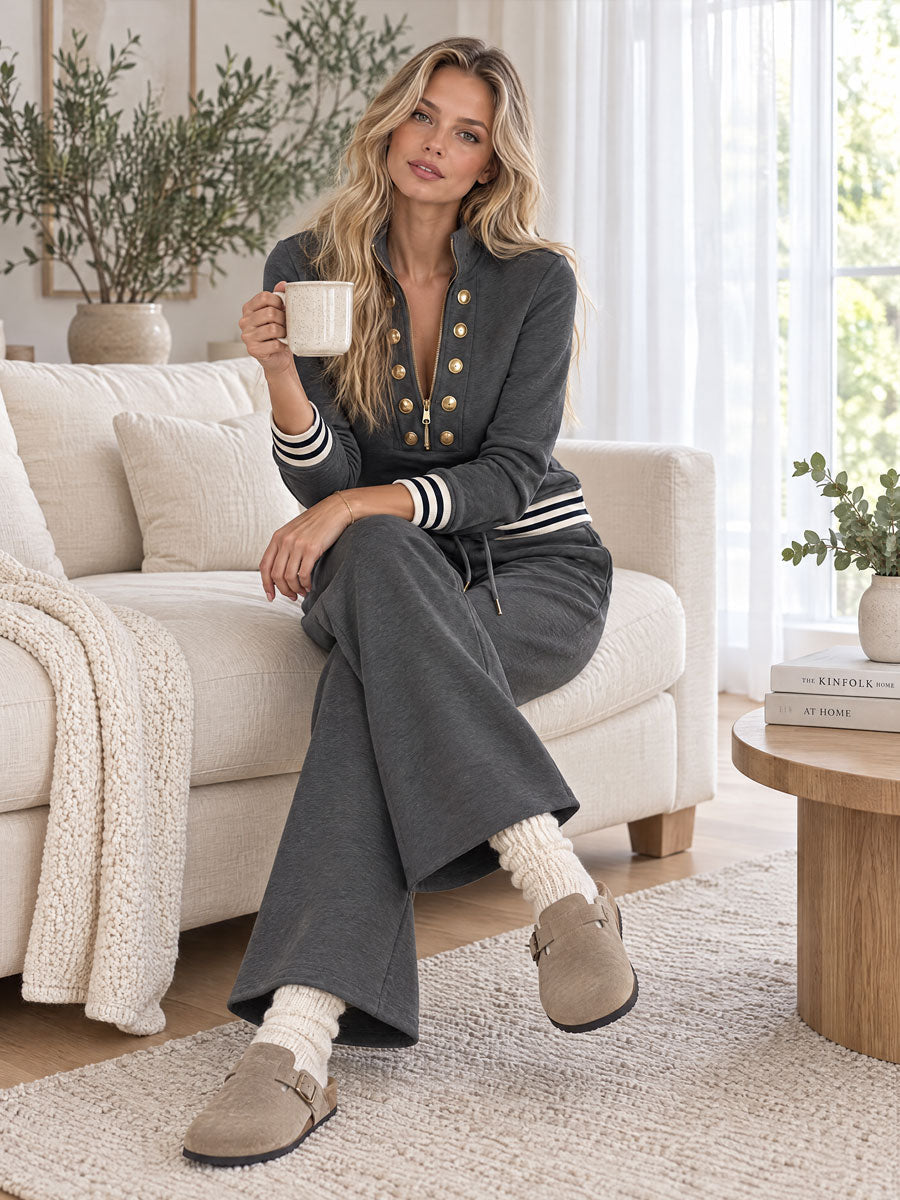 Fashionable Sporty Grey Half-zip Button Sweatshirt And Wide-leg Pants Set