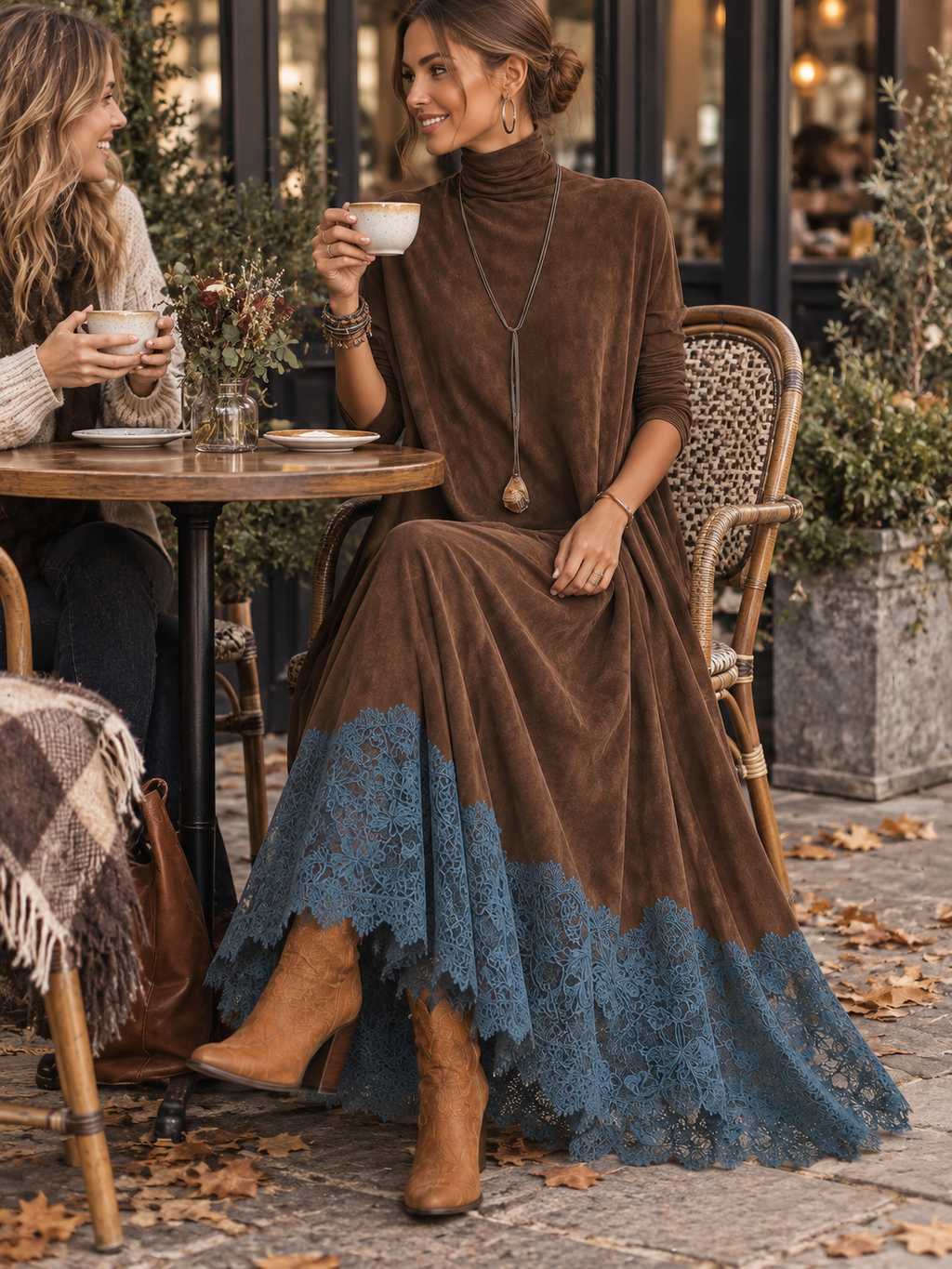 Vestido largo vintage marrón de efecto ante con mangas largas y bajo de encaje