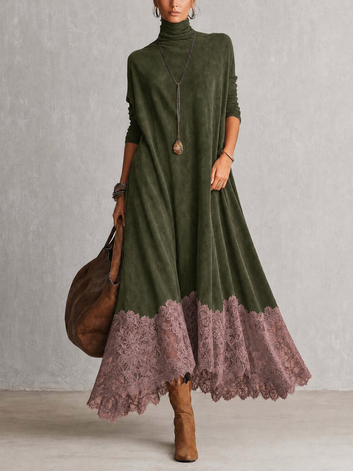 Vestido largo marrón efecto ante con mangas largas y bajo de encaje vintage