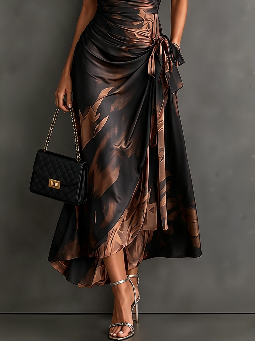 Vestido midi cruzado con estampado abstracto marrón y negro