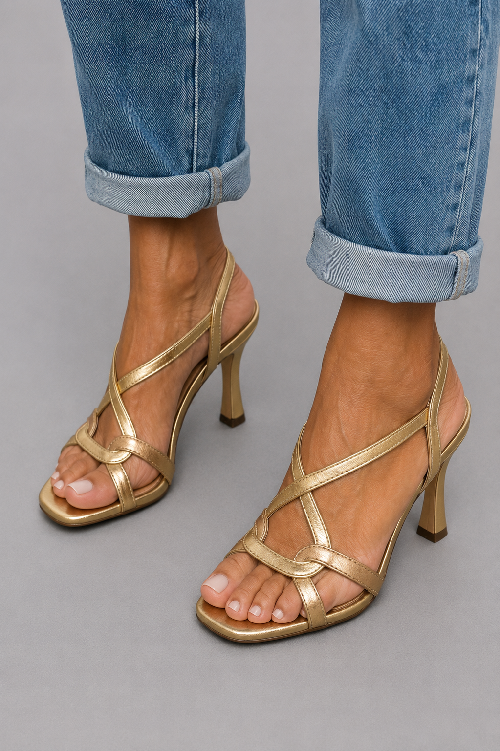 Susan | Sandalias de Tacón Doradas con Tiras