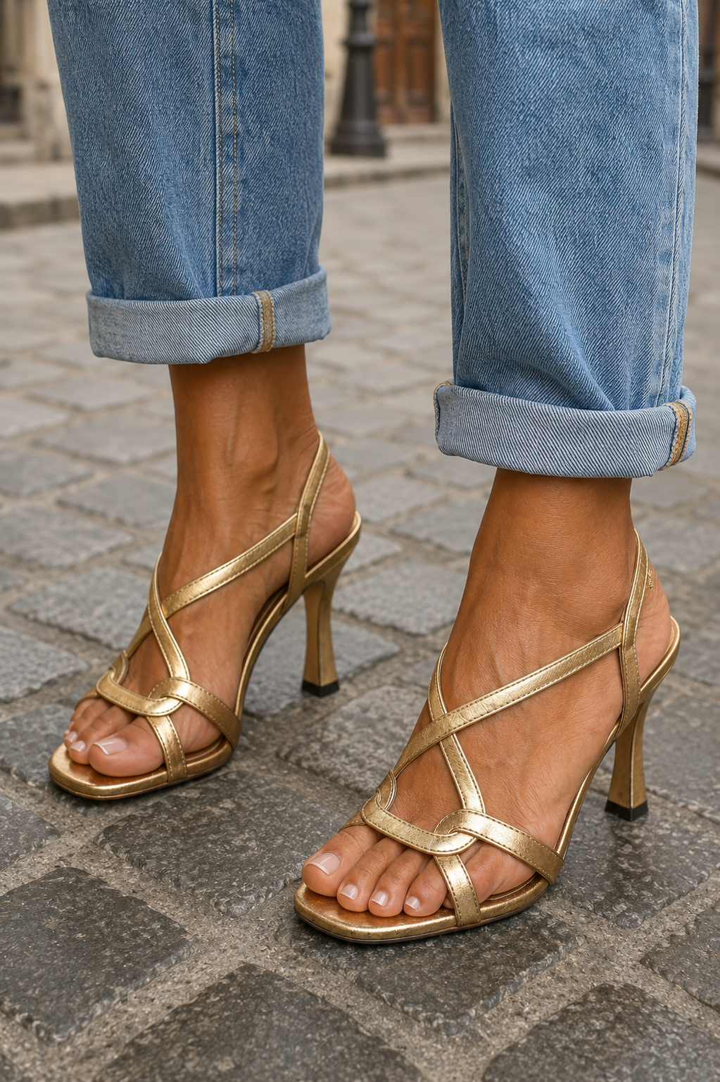 Susan | Sandalias de Tacón Doradas con Tiras