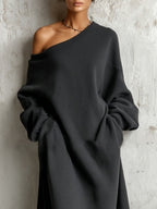 Vestido Maxi Negro de Sudadera con Hombros Descubiertos