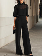 Valentina • Set de tres piezas negro: top camisola transparente y pantalones de pierna ancha