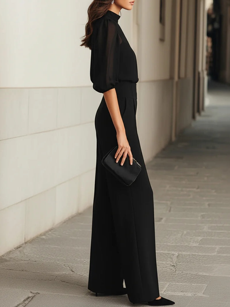 Valentina • Set de tres piezas negro: top camisola transparente y pantalones de pierna ancha