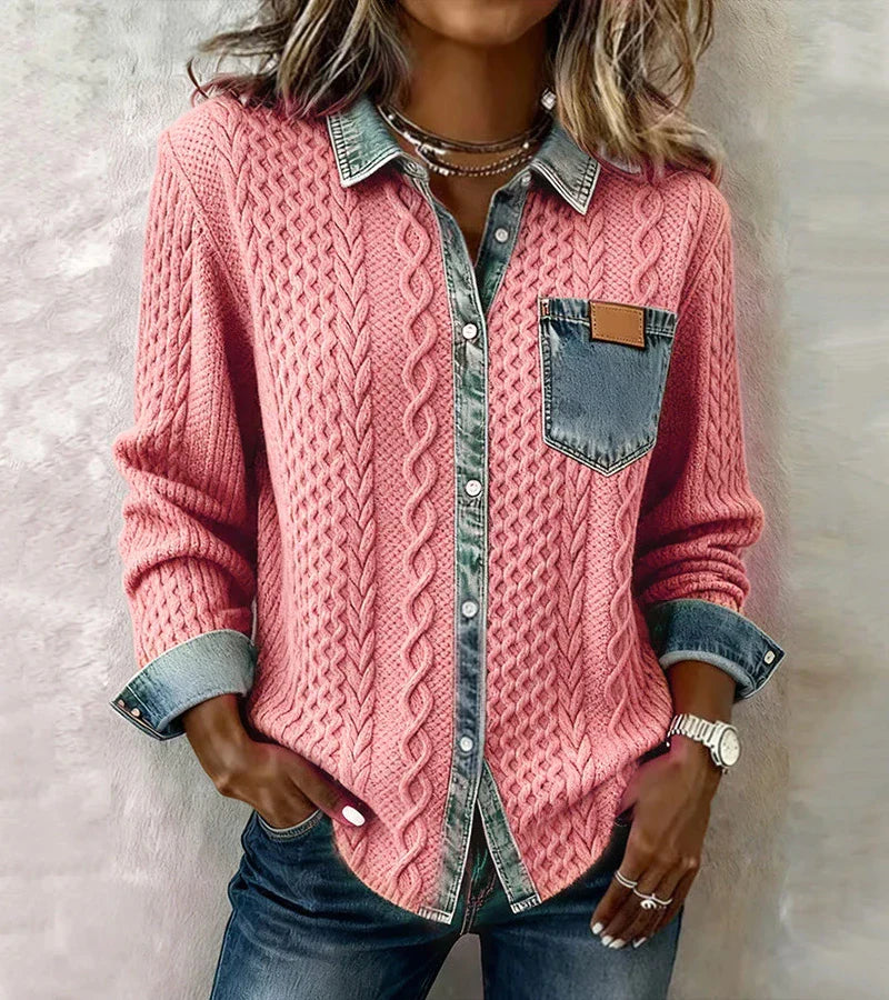 Ambra | Top de punto patchwork con detalles denim