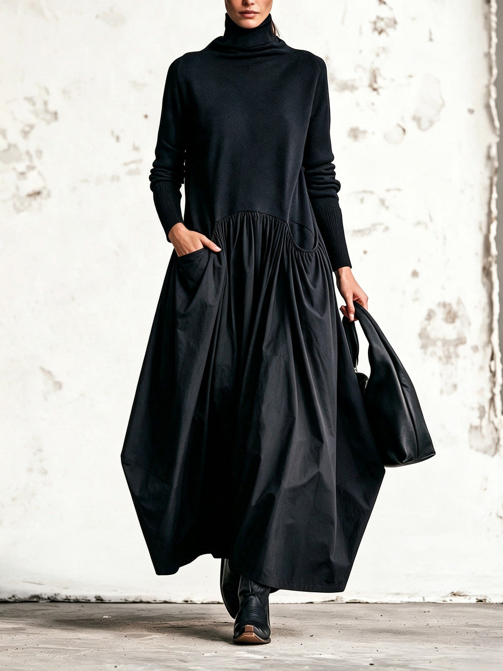 Vestido largo negro oversize con cuello alto y bolsillos