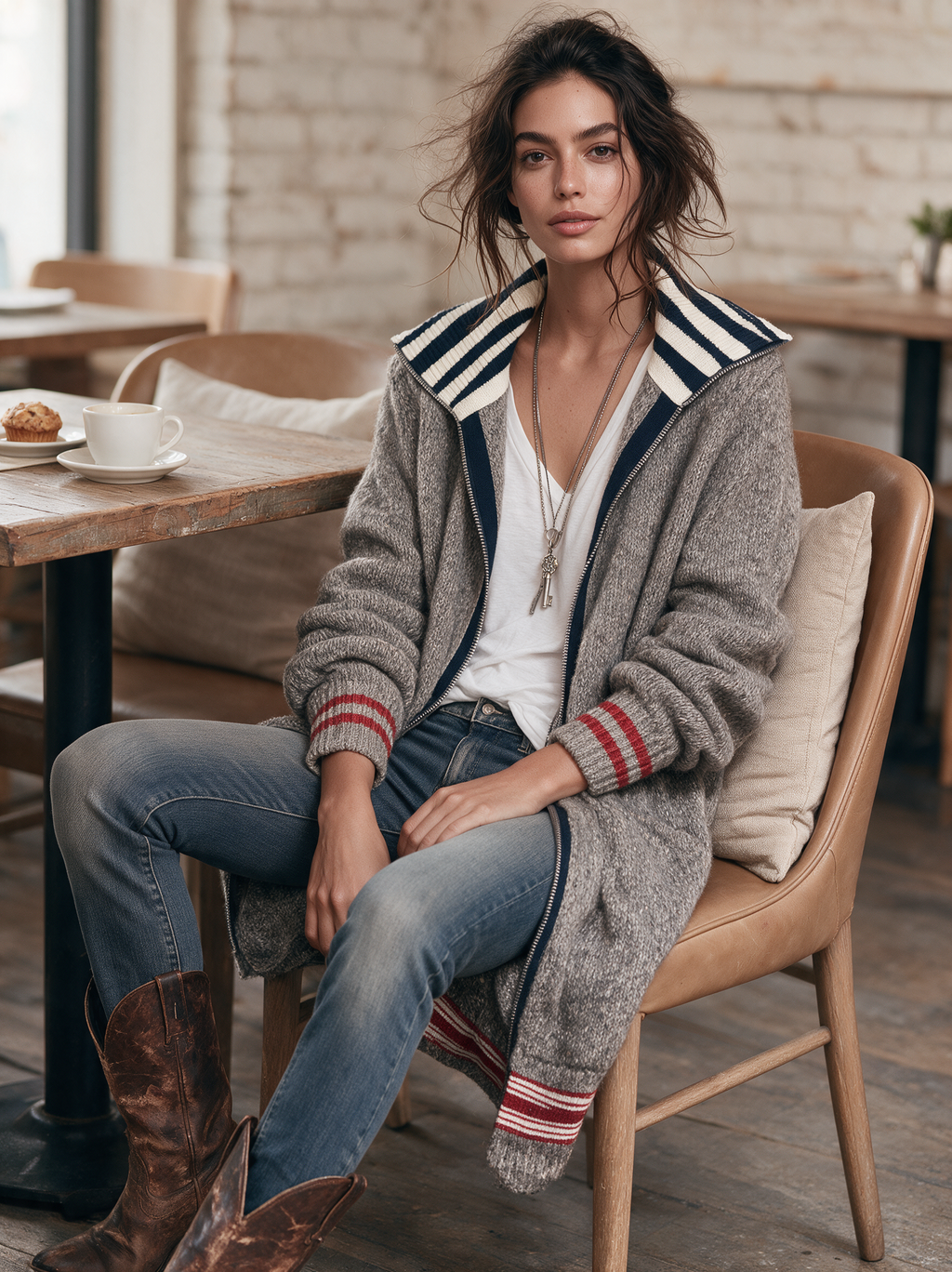 Cárdigan vintage de bloques de color y rayas con cremallera para mujer MDZ2550H4WY