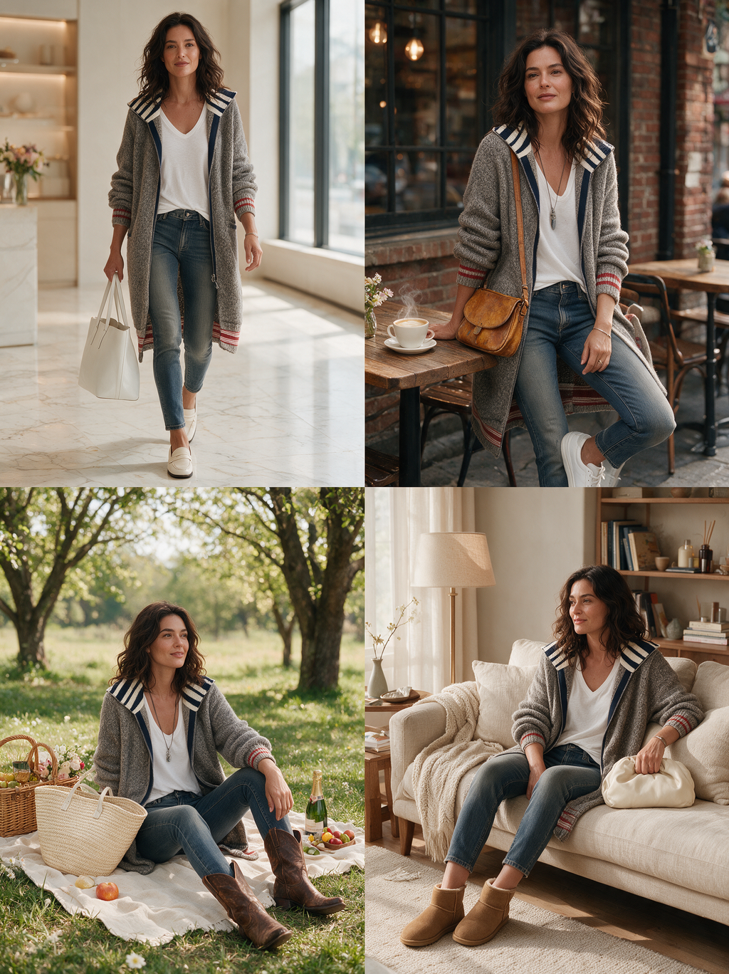 Cárdigan vintage de bloques de color y rayas con cremallera para mujer MDZ2550H4WY