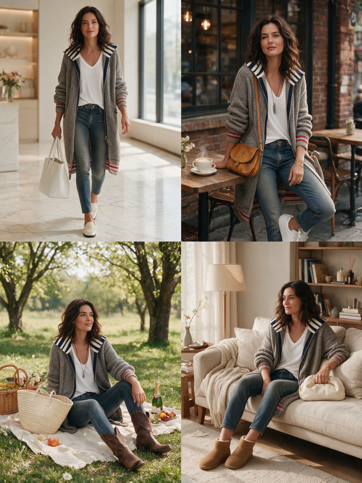 Cárdigan vintage de bloques de color y rayas con cremallera para mujer MDZ2550H4WY