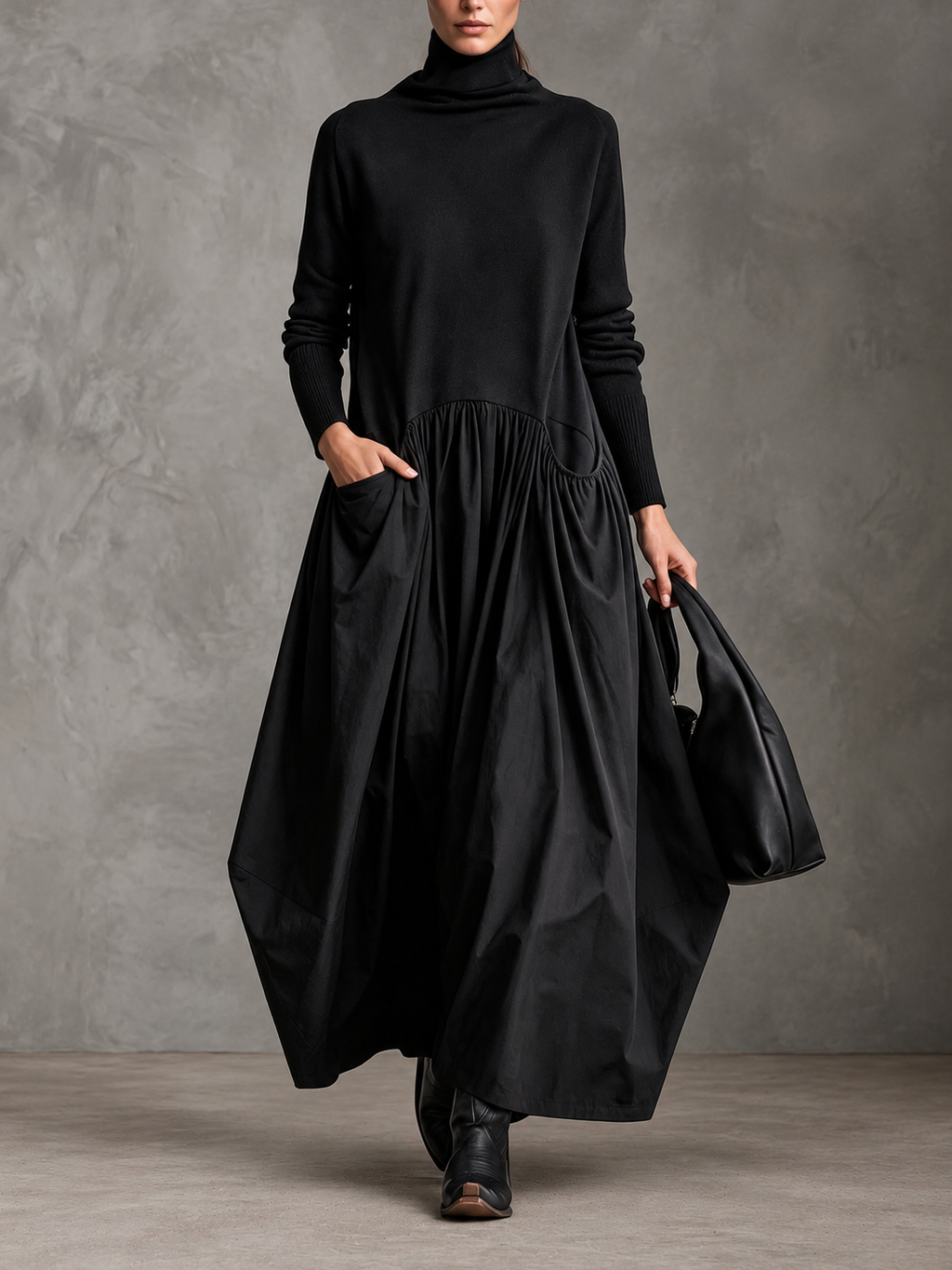 Vestido largo oversize con cuello alto y bolsillos
