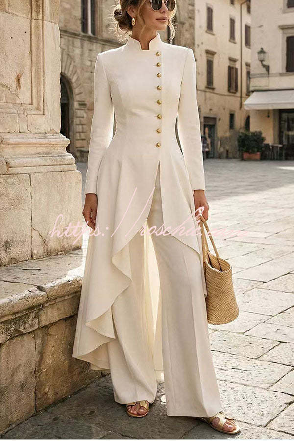 Jemma | Conjunto de blusa de cuello alto, manga larga y bajo asimétrico con botones y pantalón de pernera ancha