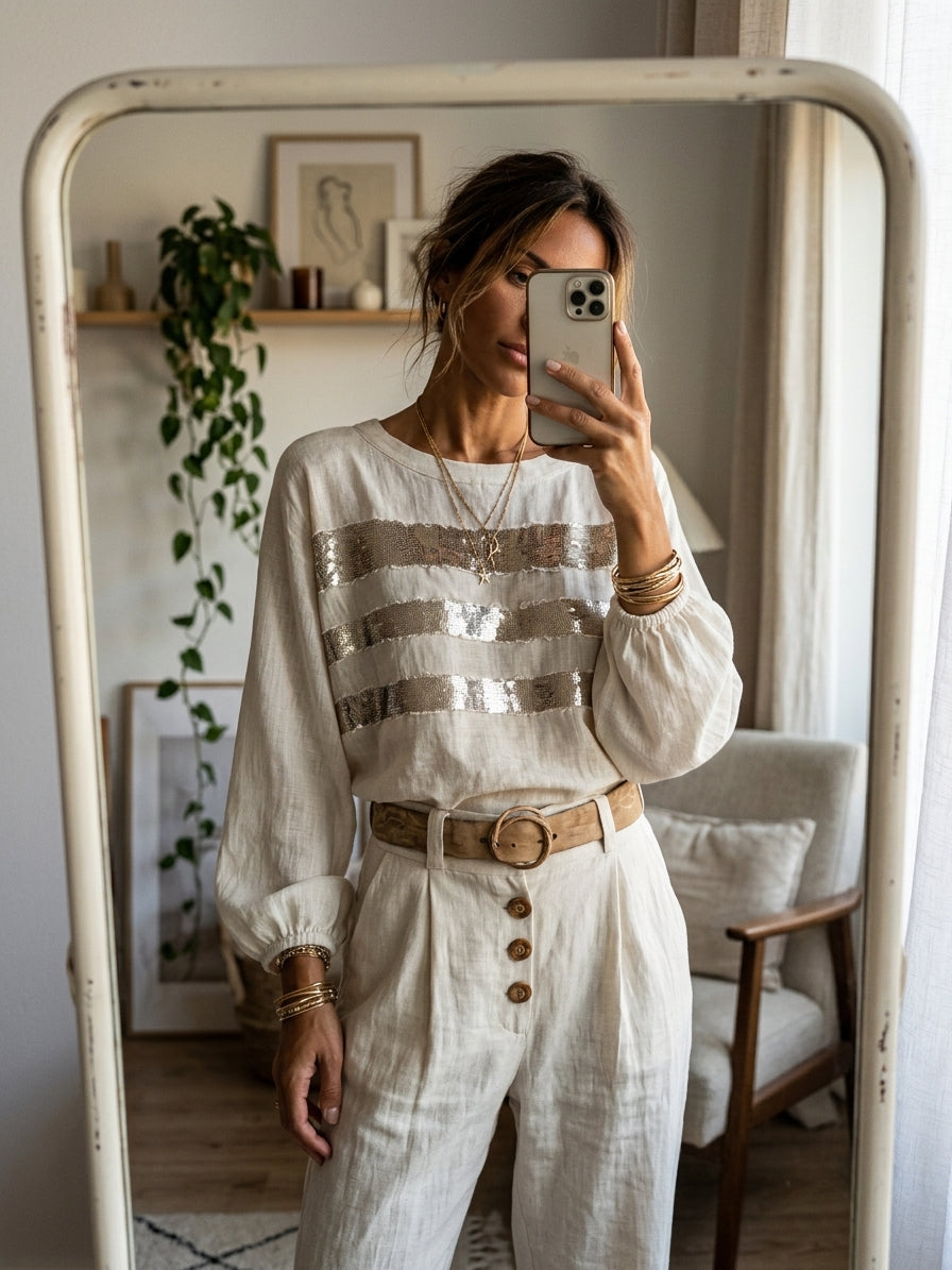 Camisa tipo jersey retro para mujer de algodón y lino con lentejuelas, rayas y patchwork ZMZ0735H1ZJY