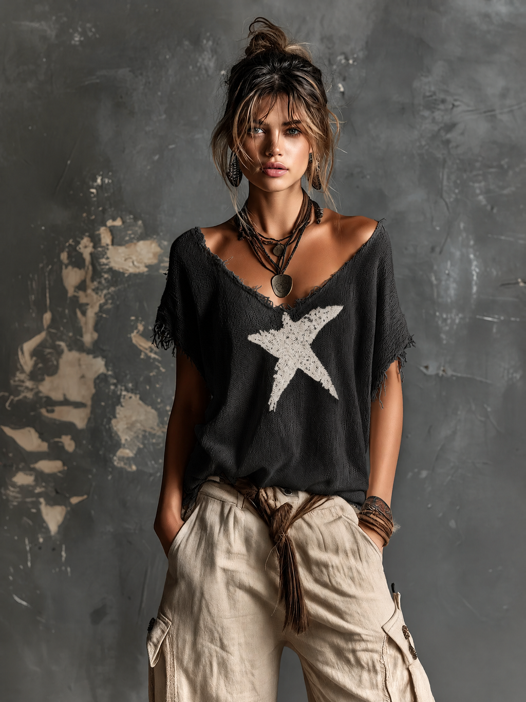 Jersey blanco de punto con estrellas y escote en V