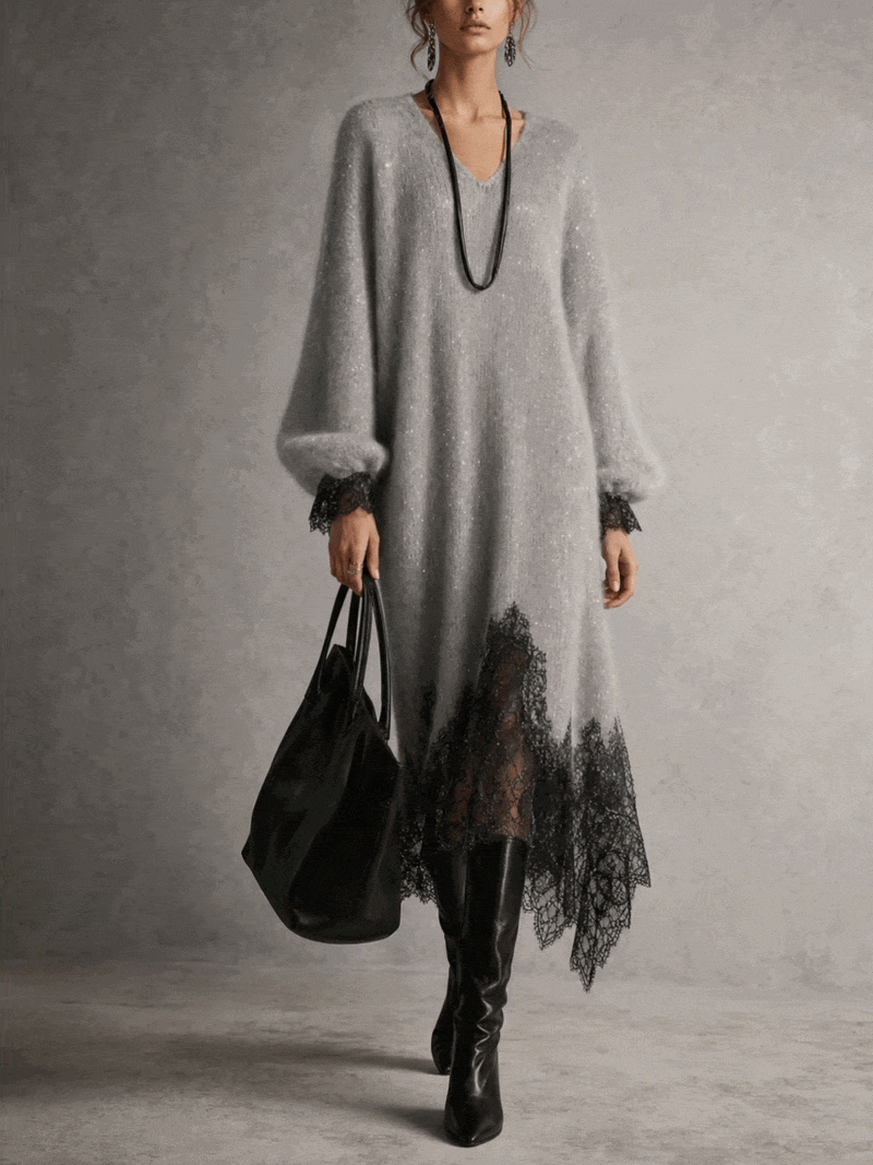 Vestido midi gris de punto brillante con bajo de encaje