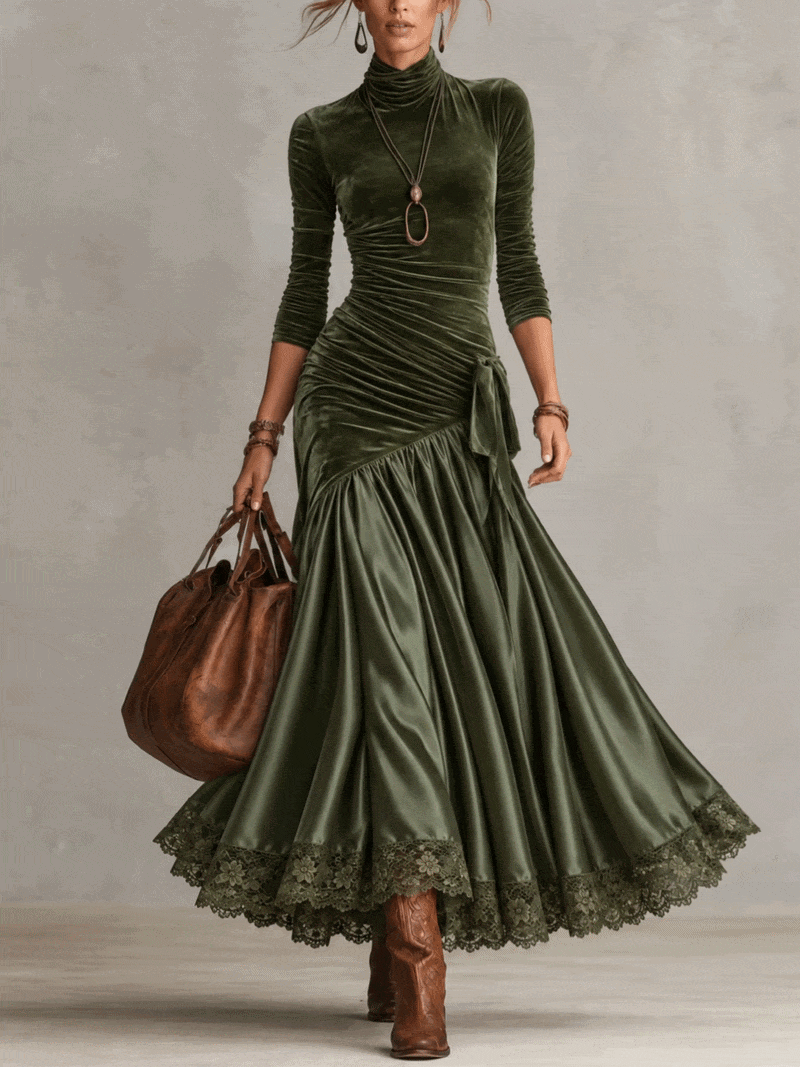 Vestido largo verde oliva de terciopelo elástico y satén con bajo de encaje