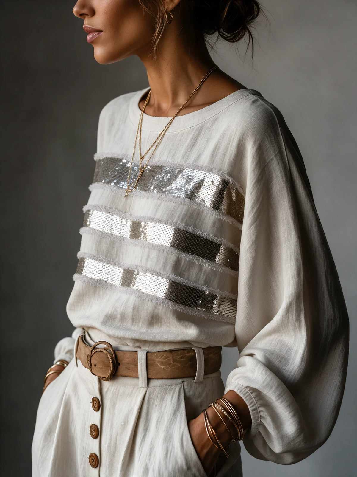 Camisa tipo jersey retro para mujer de algodón y lino con lentejuelas, rayas y patchwork ZMZ0735H1ZJY