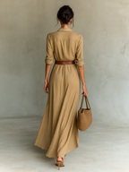 Vestido Maxi Largo con Cuello Solapa y Mangas Largas para Mujer
