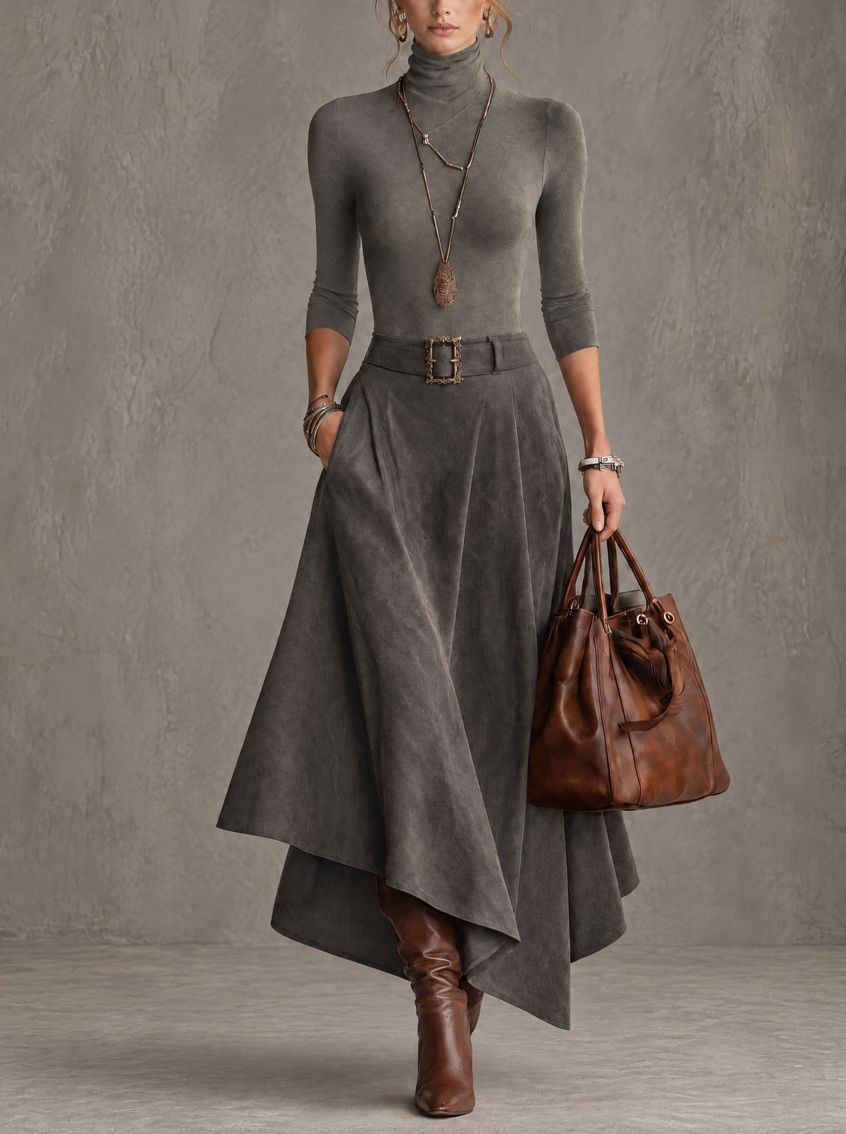 Francesca | Conjunto de dos piezas con jersey de cuello alto y falda midi asimétrica