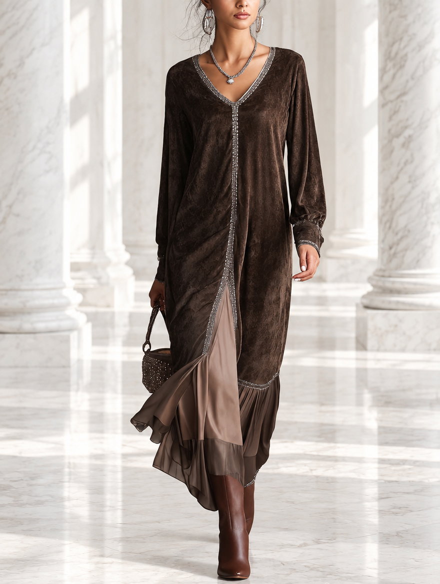 Teresa | Vestido midi evasé de ante sintético con escote en V y detalles decorativos
