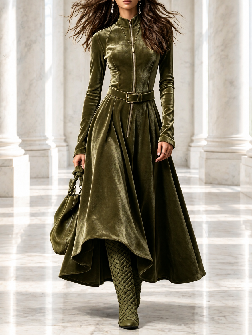 Raffaella | Vestido largo de terciopelo verde oliva con cremallera de estilo vintage (cinturón incluido)